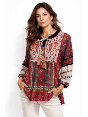 John Mark Boho Artsy Multicolor Floral Patchwork Mix Print Blouse S Velvet